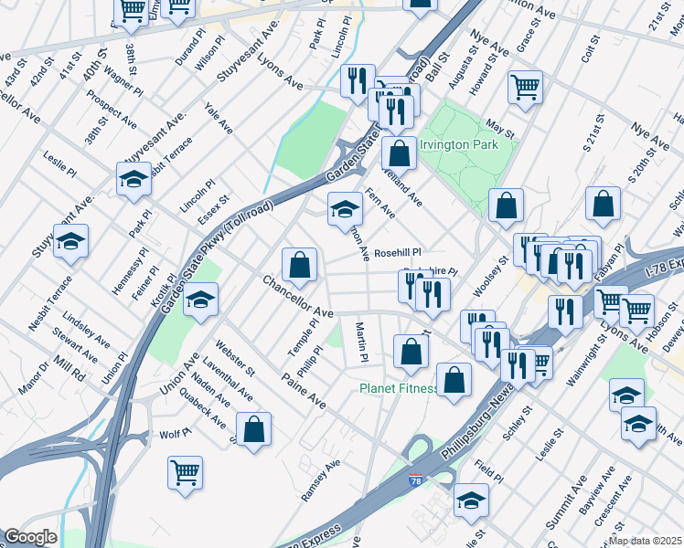 map of restaurants, bars, coffee shops, grocery stores, and more near 106 Berkshire Place in Irvington