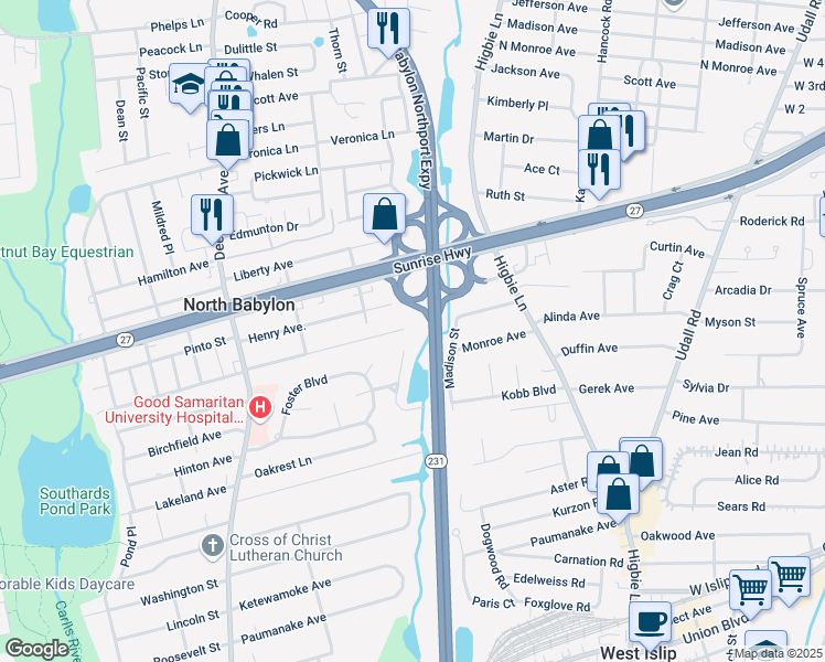 map of restaurants, bars, coffee shops, grocery stores, and more near 145 Independence Avenue in Babylon