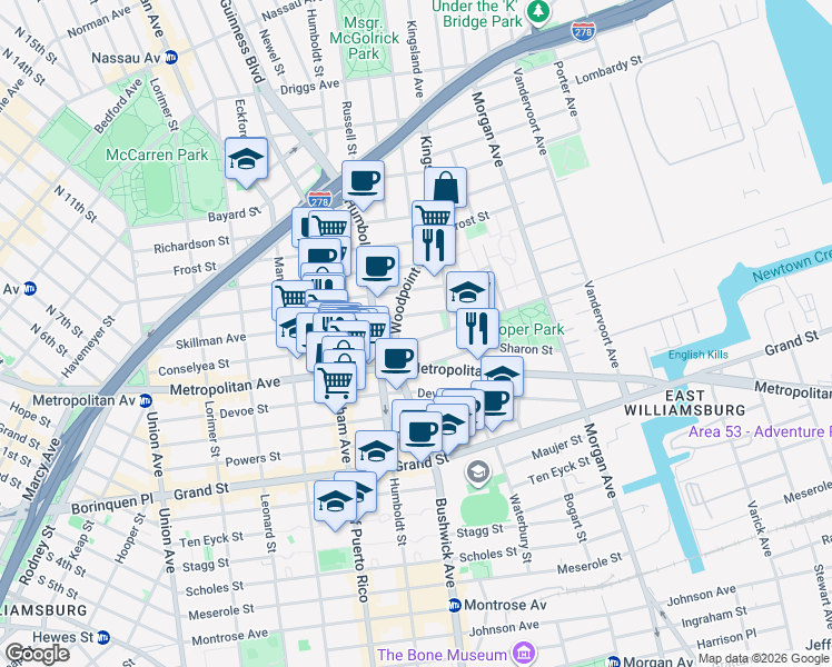 map of restaurants, bars, coffee shops, grocery stores, and more near 240A Skillman Avenue in Brooklyn