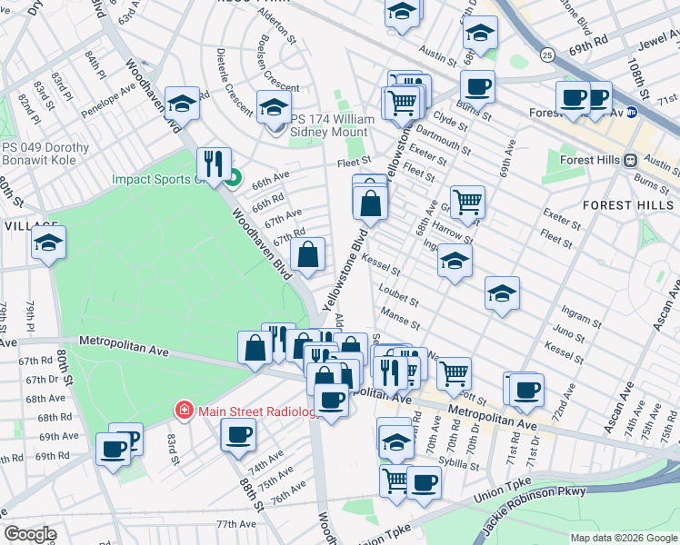 map of restaurants, bars, coffee shops, grocery stores, and more near 67-85 Alderton St in Rego Park
