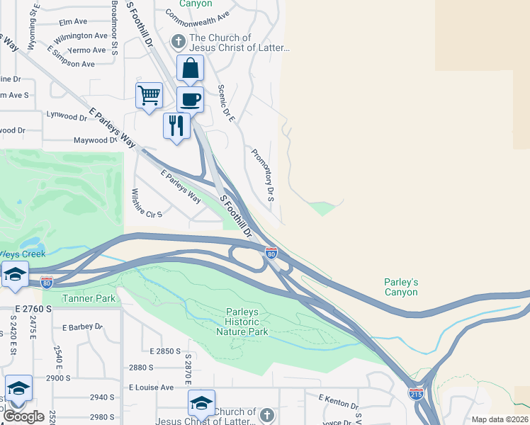 map of restaurants, bars, coffee shops, grocery stores, and more near 2522 Scenic Drive East in Salt Lake City
