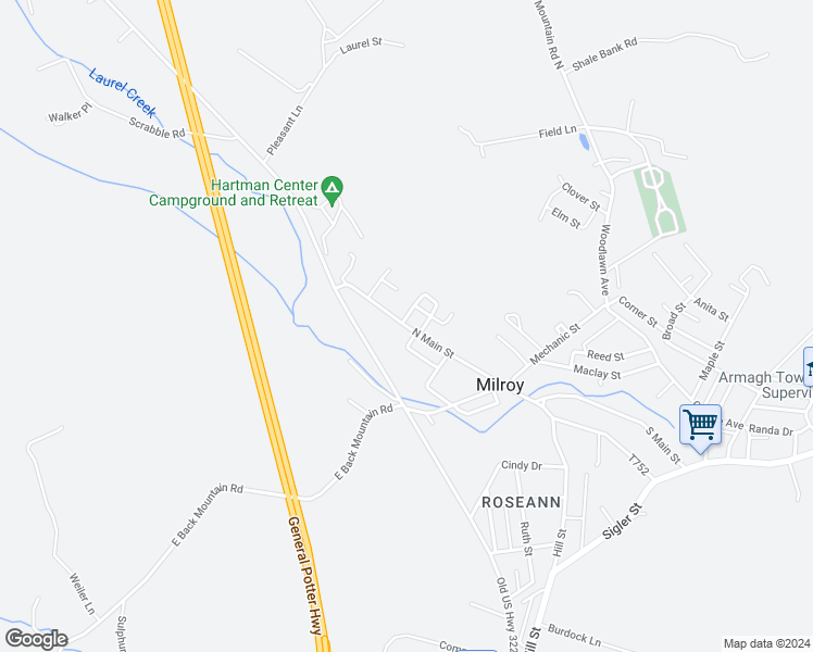 map of restaurants, bars, coffee shops, grocery stores, and more near 33 North Main Street in Milroy