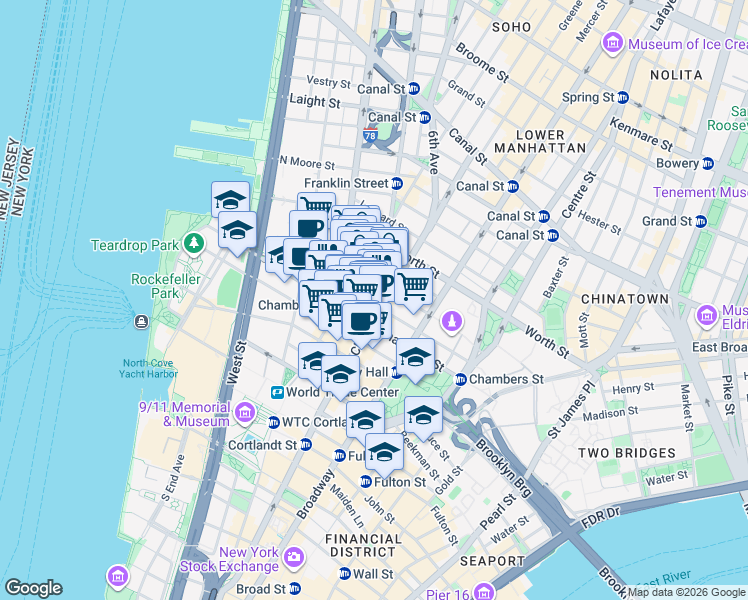 map of restaurants, bars, coffee shops, grocery stores, and more near in New York