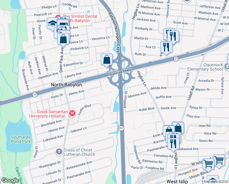 map of restaurants, bars, coffee shops, grocery stores, and more near 145 Independence Avenue in Babylon