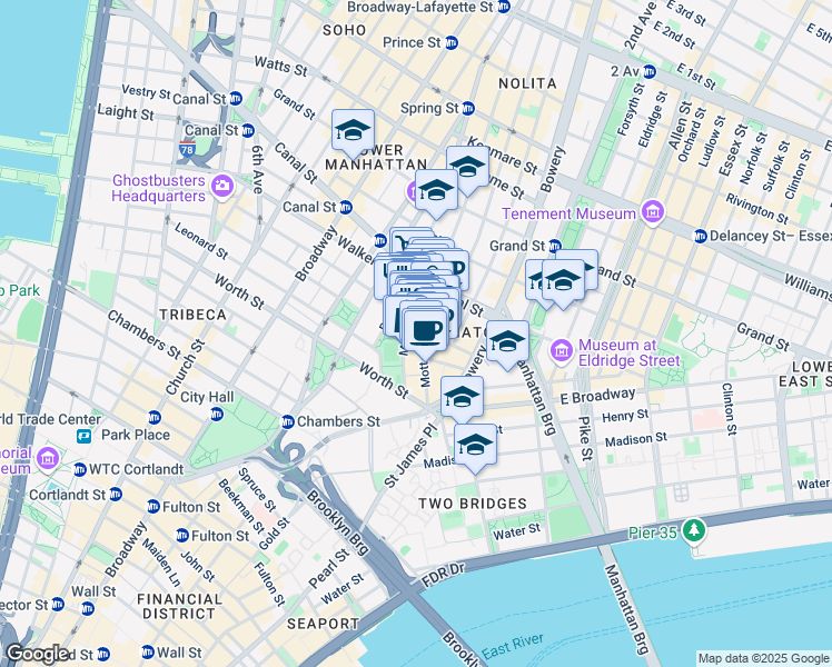 map of restaurants, bars, coffee shops, grocery stores, and more near 87 Mulberry Street in New York