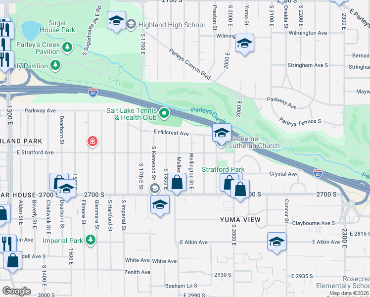 map of restaurants, bars, coffee shops, grocery stores, and more near 1839 East Stratford Avenue in Salt Lake City
