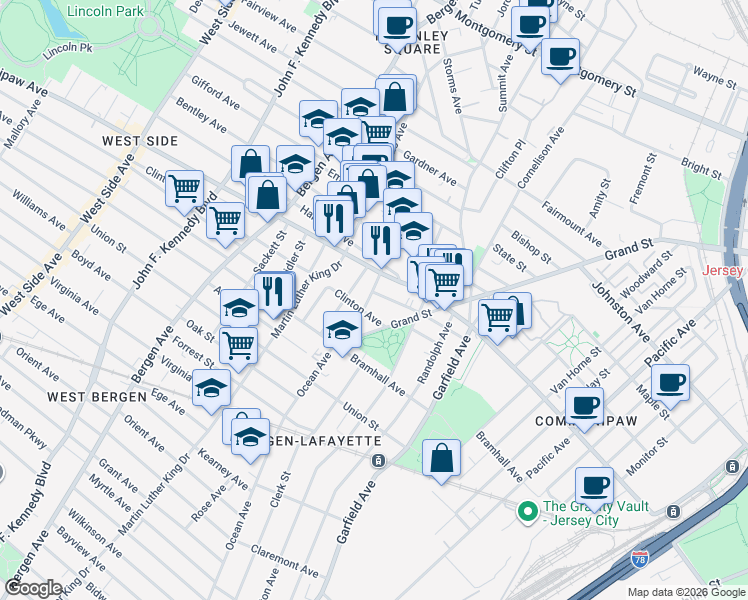 map of restaurants, bars, coffee shops, grocery stores, and more near 20 Crescent Avenue in Jersey City