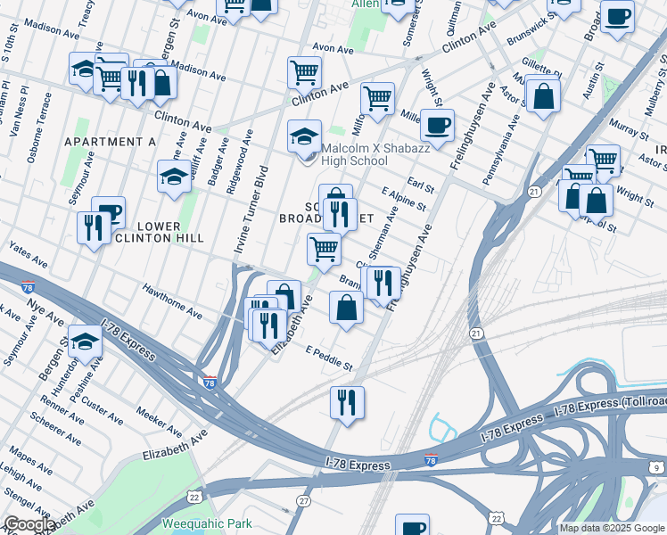 map of restaurants, bars, coffee shops, grocery stores, and more near 204 Elizabeth Avenue in Newark