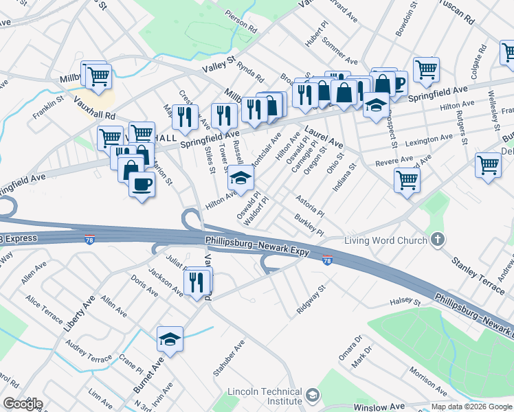 map of restaurants, bars, coffee shops, grocery stores, and more near 127 Oswald Place in Union