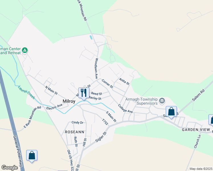 map of restaurants, bars, coffee shops, grocery stores, and more near 205 College Avenue in Milroy