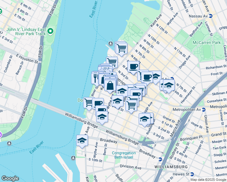 map of restaurants, bars, coffee shops, grocery stores, and more near Grand St & Wythe Ave in Brooklyn