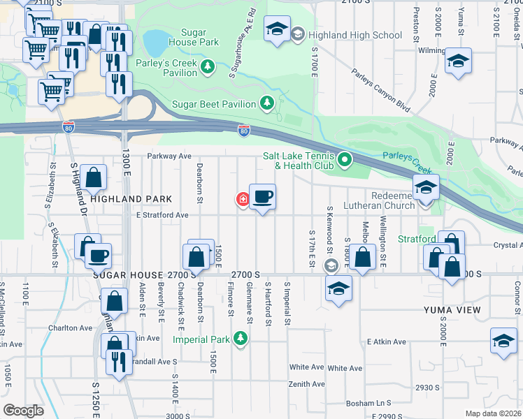 map of restaurants, bars, coffee shops, grocery stores, and more near 2552 South Hartford Street in Salt Lake City