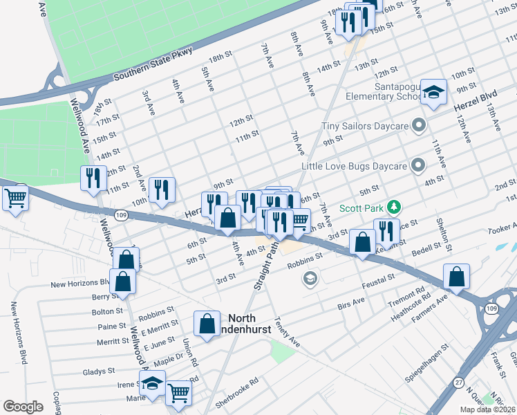 map of restaurants, bars, coffee shops, grocery stores, and more near 500 7th Street in West Babylon