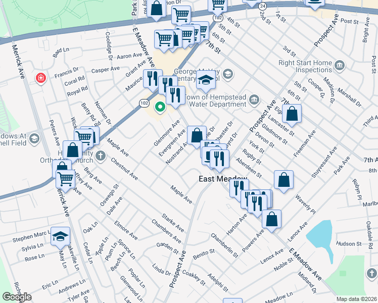map of restaurants, bars, coffee shops, grocery stores, and more near 1811 Franklin Avenue in East Meadow