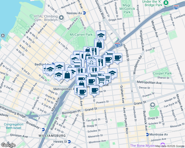 map of restaurants, bars, coffee shops, grocery stores, and more near in Brooklyn