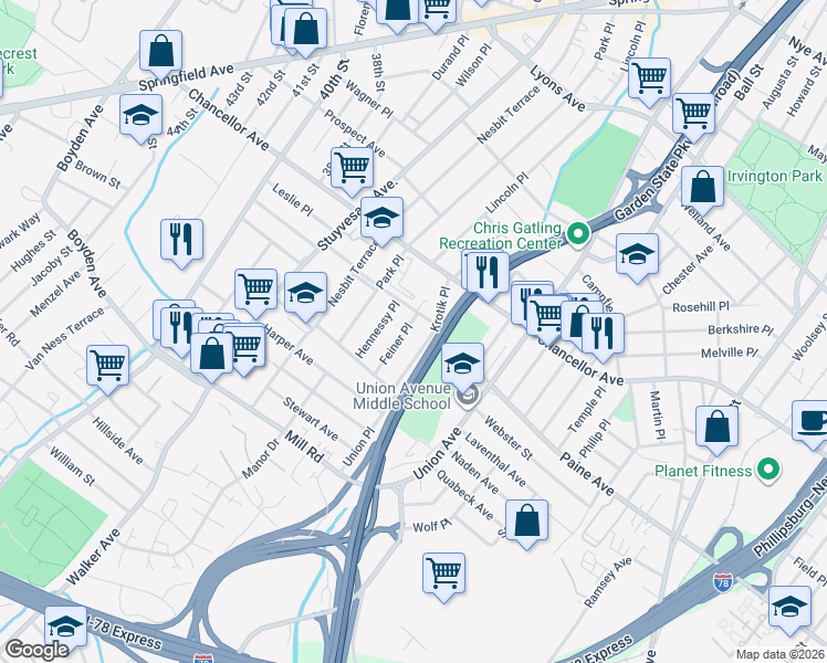 map of restaurants, bars, coffee shops, grocery stores, and more near 22 Glorieux Street in Irvington