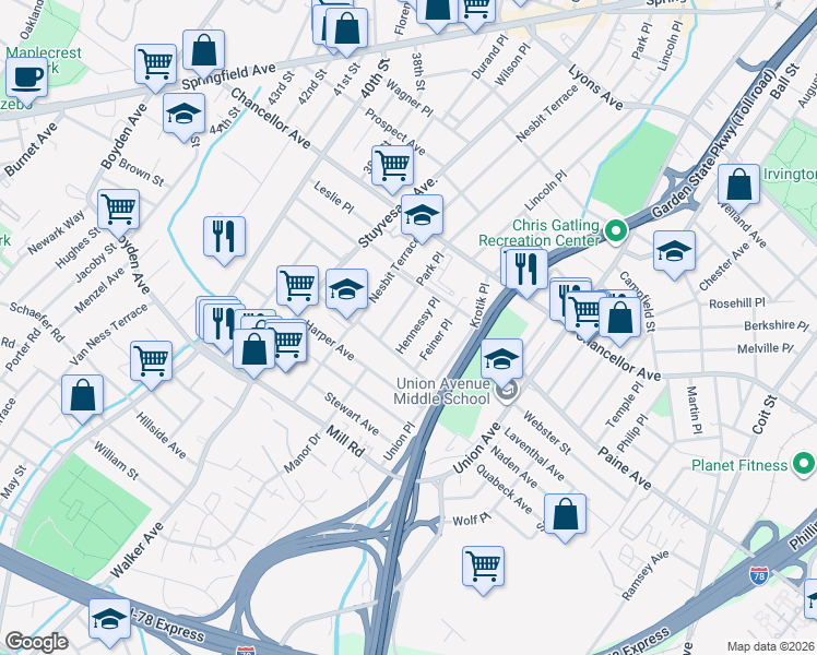 map of restaurants, bars, coffee shops, grocery stores, and more near 15 Hennessy Place in Irvington