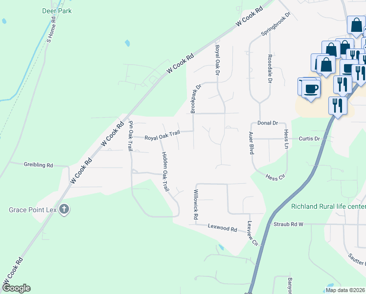 map of restaurants, bars, coffee shops, grocery stores, and more near 1610 Brookpark Drive in Mansfield