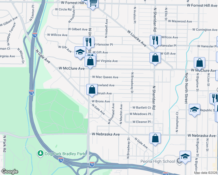 map of restaurants, bars, coffee shops, grocery stores, and more near 1107-1111 West Nowland Avenue in Peoria