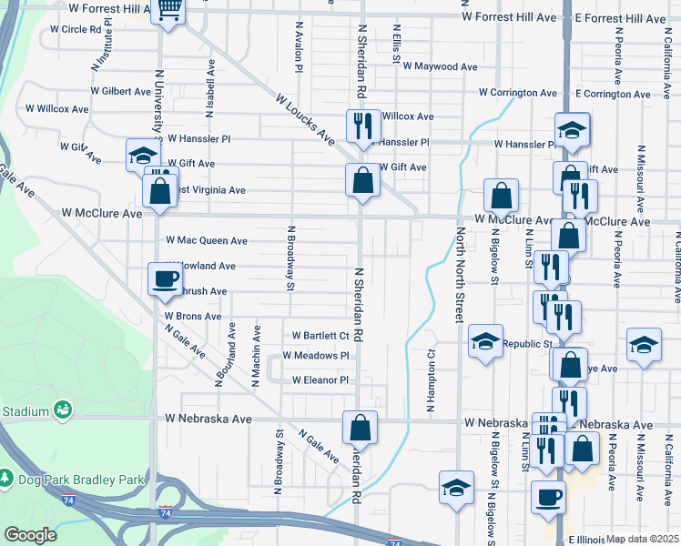 map of restaurants, bars, coffee shops, grocery stores, and more near 714 West Nowland Avenue in Peoria