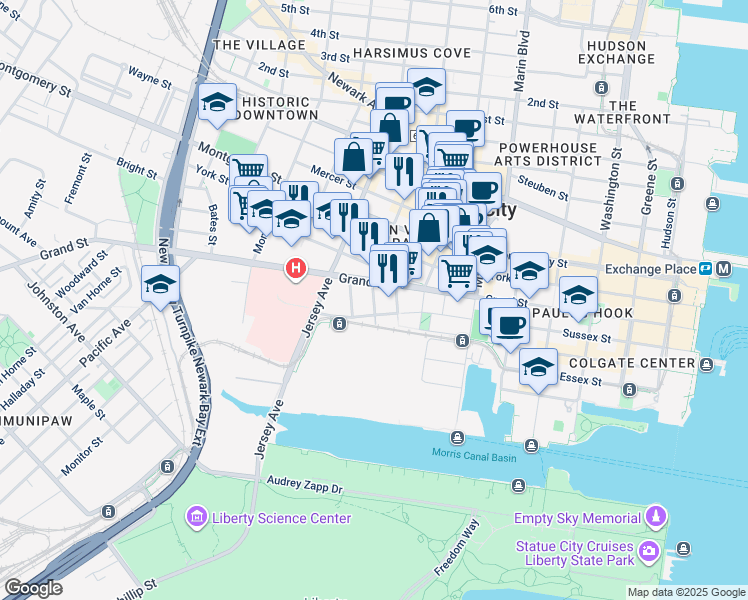 map of restaurants, bars, coffee shops, grocery stores, and more near 111 Liberty View Drive in Jersey City