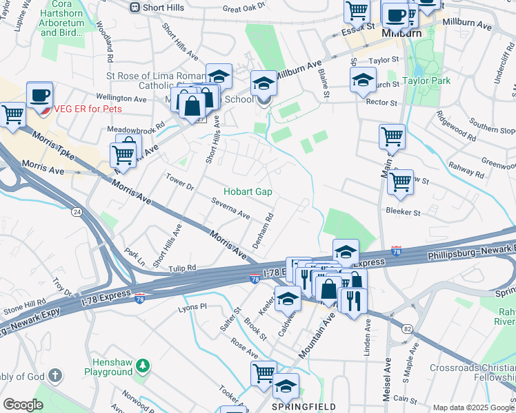 map of restaurants, bars, coffee shops, grocery stores, and more near 83 Colfax Road in Springfield