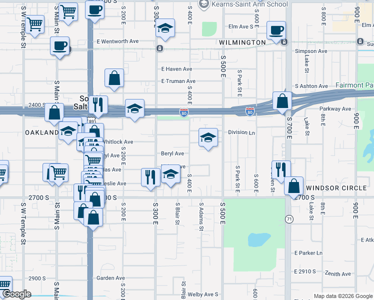map of restaurants, bars, coffee shops, grocery stores, and more near 397 Beryl Avenue in Salt Lake City