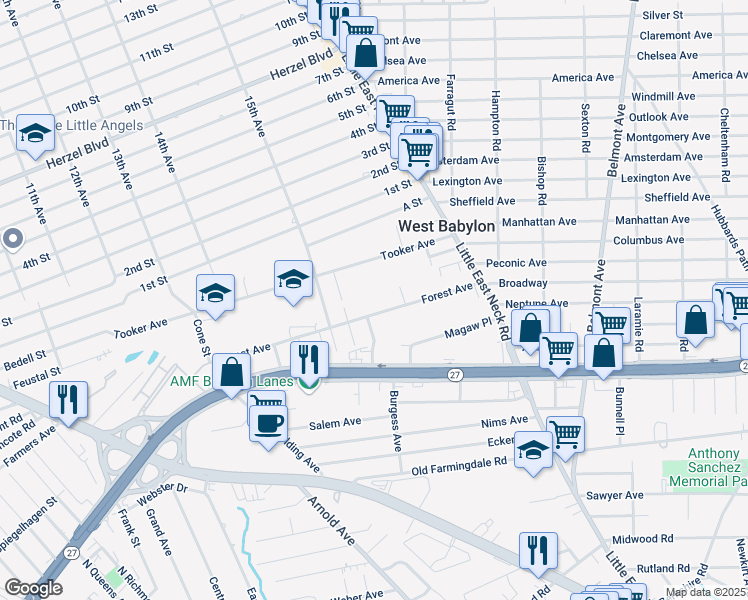 map of restaurants, bars, coffee shops, grocery stores, and more near 100 Forest Avenue in West Babylon