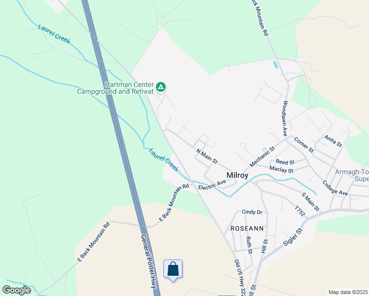 map of restaurants, bars, coffee shops, grocery stores, and more near 84 North Main Street in Milroy