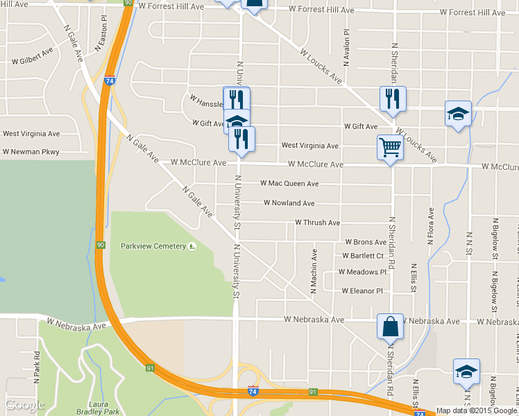map of restaurants, bars, coffee shops, grocery stores, and more near 1204 West Nowland Avenue in Peoria