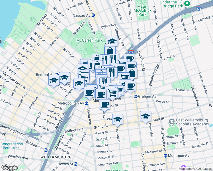 map of restaurants, bars, coffee shops, grocery stores, and more near 76 Jackson Street in Brooklyn