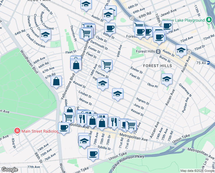 map of restaurants, bars, coffee shops, grocery stores, and more near 69-12 Ingram Street in Queens