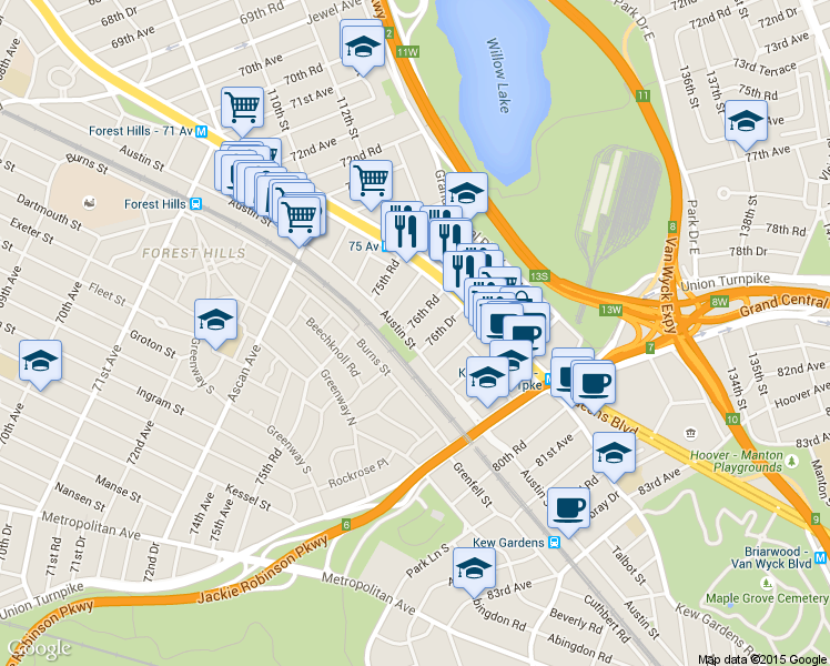 map of restaurants, bars, coffee shops, grocery stores, and more near 111-20 76th Road in Queens