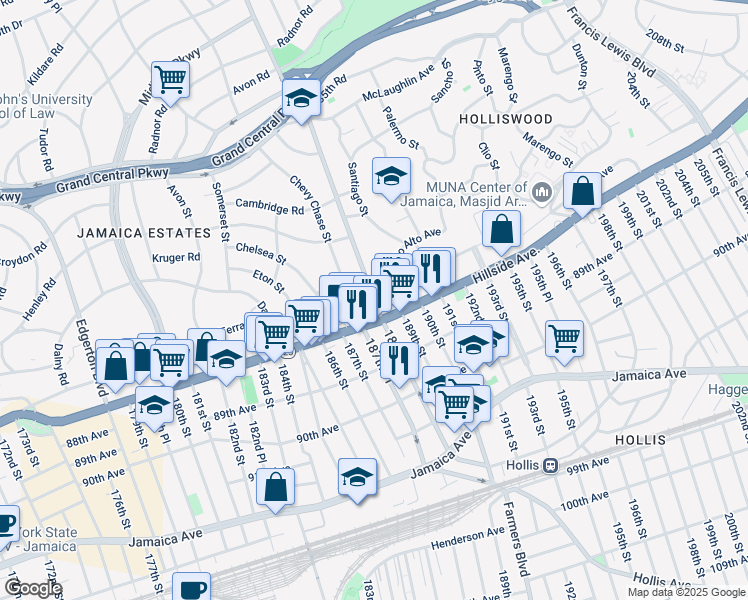 map of restaurants, bars, coffee shops, grocery stores, and more near 188th Street & 87th Drive in Queens