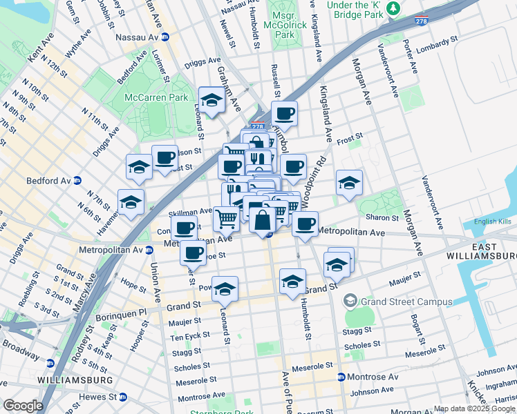map of restaurants, bars, coffee shops, grocery stores, and more near 141 Skillman Avenue in Brooklyn