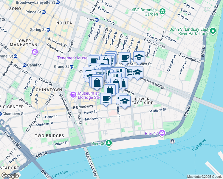 map of restaurants, bars, coffee shops, grocery stores, and more near 385 Grand Street in New York