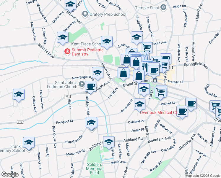 map of restaurants, bars, coffee shops, grocery stores, and more near 34 George Street in Summit