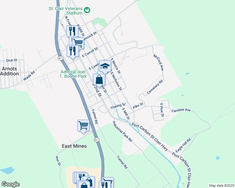 map of restaurants, bars, coffee shops, grocery stores, and more near 405 South Mill Street in Saint Clair