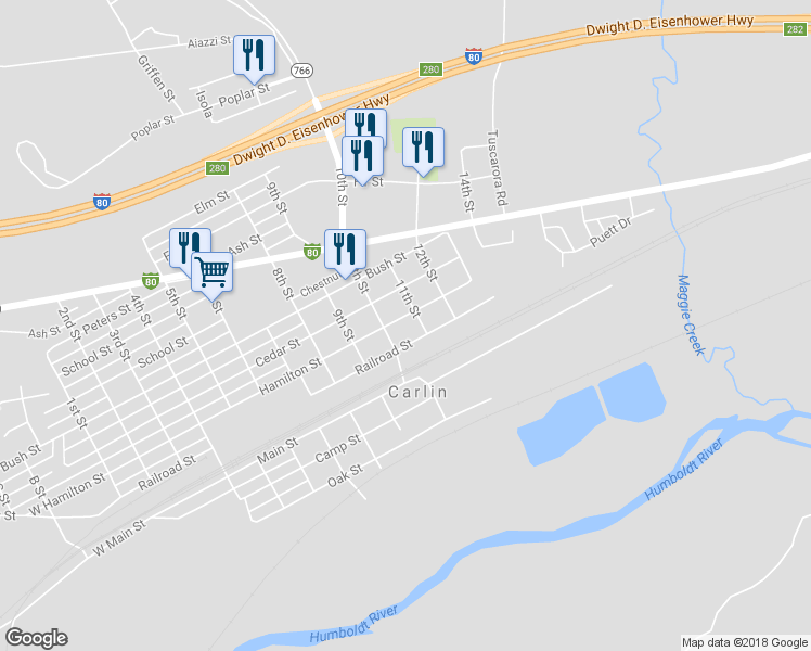 map of restaurants, bars, coffee shops, grocery stores, and more near 1015 Hamilton Street in Carlin