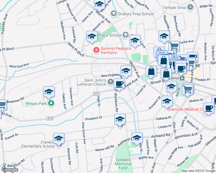 map of restaurants, bars, coffee shops, grocery stores, and more near 1803 Springfield Avenue in New Providence