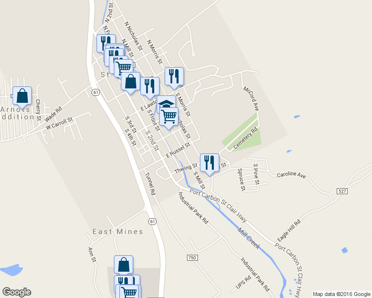 map of restaurants, bars, coffee shops, grocery stores, and more near 405 South Mill Street in Saint Clair