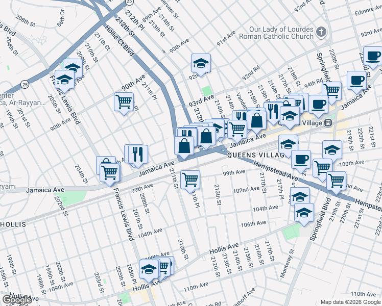 map of restaurants, bars, coffee shops, grocery stores, and more near 211-57 Jamaica Avenue in Queens
