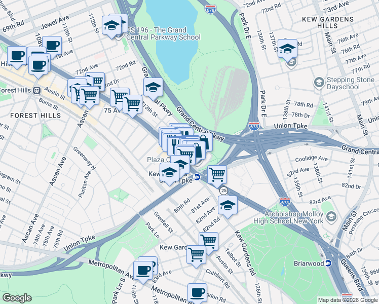 map of restaurants, bars, coffee shops, grocery stores, and more near 77-35 113th Street in Queens