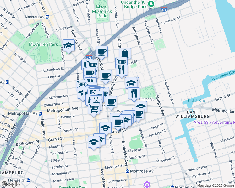 map of restaurants, bars, coffee shops, grocery stores, and more near 240A Skillman Avenue in Brooklyn
