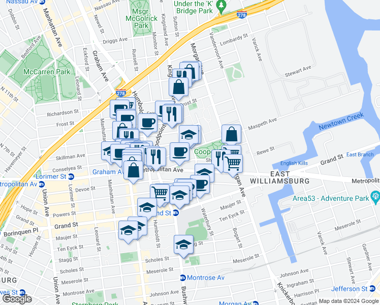 map of restaurants, bars, coffee shops, grocery stores, and more near 100 Maspeth Avenue in Brooklyn