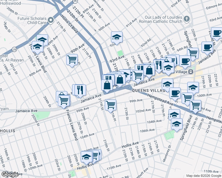 map of restaurants, bars, coffee shops, grocery stores, and more near 211-57 Jamaica Avenue in Queens