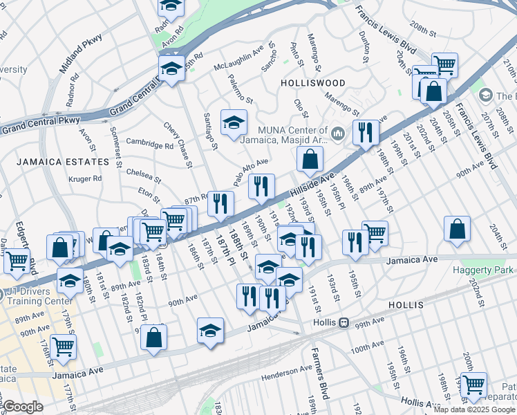 map of restaurants, bars, coffee shops, grocery stores, and more near 190-22 Hillside Ave in Queens