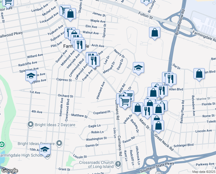 map of restaurants, bars, coffee shops, grocery stores, and more near 870 Main Street in Farmingdale