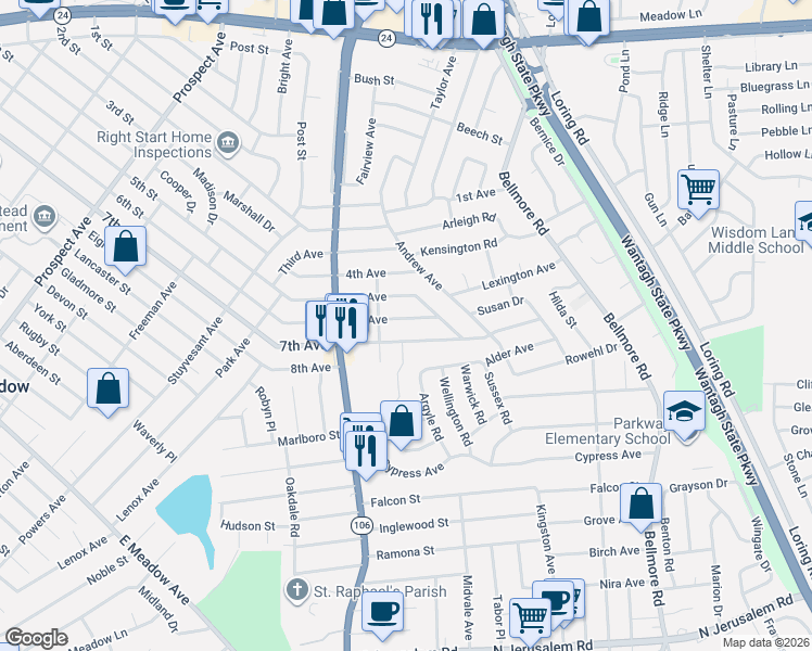 map of restaurants, bars, coffee shops, grocery stores, and more near 2545 6th Avenue in East Meadow