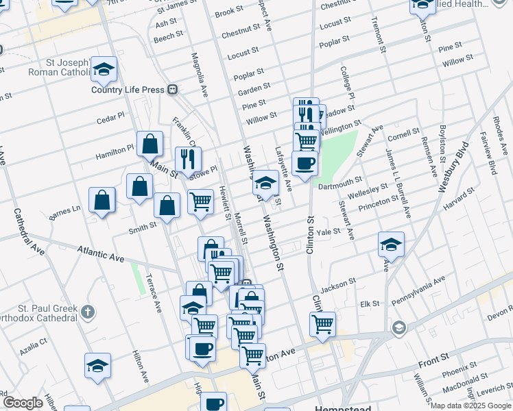 map of restaurants, bars, coffee shops, grocery stores, and more near 31 Morton Avenue in Hempstead